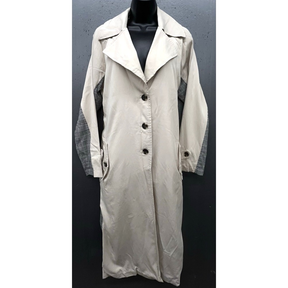 Cotton Lyocell Trench Coat Women M Beige Plaid Long Pockets Jacket Classic